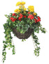 Artificial Red Begonia and Yellow Geranium Display in a 12" Round Willow Hanging Basket